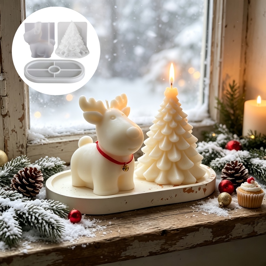 粘土シリコンモールド3点セット：クリスマス鹿、クリスマスツリ - Candle Making Kits のレビューと価格