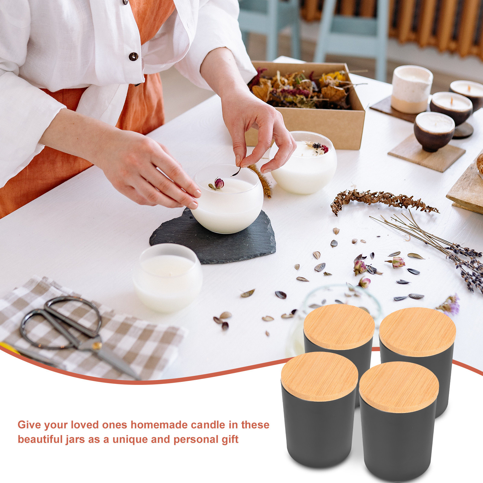 竹製の蓋が付いたガラス製キャンドルジャー4個セット。アロマワ - Candle Making Jars With Lids のレビューと価格